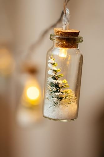 10 LED Warm White Christmas Tree Bottle Lights - Battery Operated String Light with Mini Snowy Christmas Tree Glass Bottle - Decor for Xmas, Weddings, Parties (Green Tree)