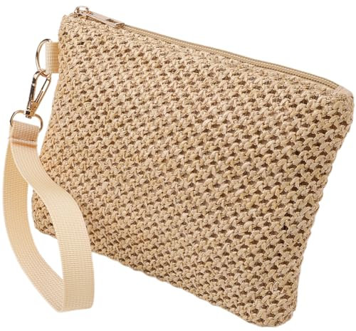 CREATCABIN Beige Straw Woven Cosmetic Pouch Bohemian Beach Straw Purses Portable Vacation Travel Storage Clutch Bags for Outdoor Camping Toiletry Makeup Tools Organiser Hawaii Zipper Handbags 8.3x6in