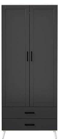 URBNLIVING 180cm White Ash Grey Black Freestanding Wardrobe 2 Door 2 Drawer Shelf Modern Clothes Storage Cupboards Unit for Bedroom Hanging Rail with Wooden Legs