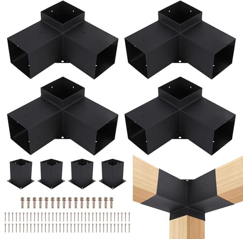 PioneerWorks Pergola Brackets 6 x 6, 4 Pack 3-Way Angle Corner Brackets with 4 Pack Post Pergola Brackets, Powder Coated Pergola Hardware for Lumber Pergola Gazebo Sunroom Carport