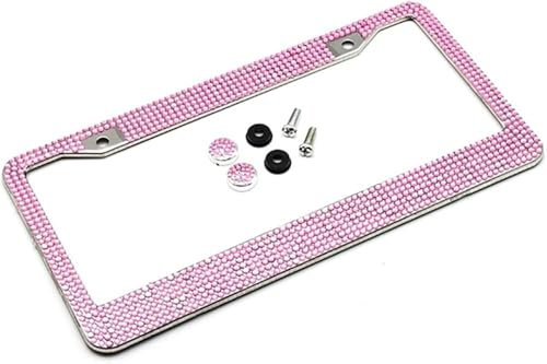 Number plate surround,motorcycle license plate holder,Number Plate Holder Bling Crystal License Plate Frame Women Handcrafted Rhinestone Car Frame Plate With Ignition Button(Pink)
