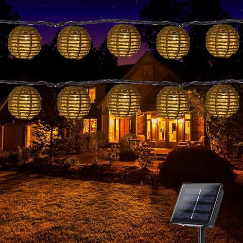 Calenxy 10er LED Solar Rattankugel Lampion Lichterkette, 3,6M Lichterkette warmweiß KugelGartenleuchten für Außen Solar Lichterkette Lampion Solar Solarlampen Solarleuchten für Balkon Garten Outdoor
