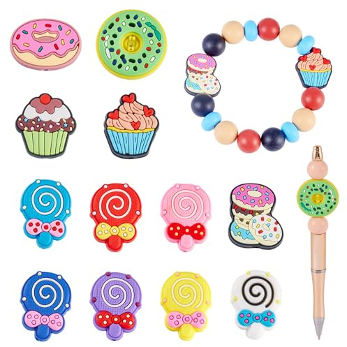 Boutigem Perlen mit Lebensmittelmotiven, PVC-Kunststoff, Donut-Uhr, Cupcakes, Lutscher, lose Perlen für Schmuckherstellung, Armband, Halskette, Ohrringe, Stift, 12 Stück