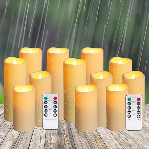 Auralome LED Kerzen Outdoor Timer- Fernbedienung Flammenlose Kerze Set Flamme Wasserdicht Batterie Elektrische Timerfunktion Stumpenkerzen Flackernde Außen Kunststoff Große Kerzen Weiß Deko 12 Stück