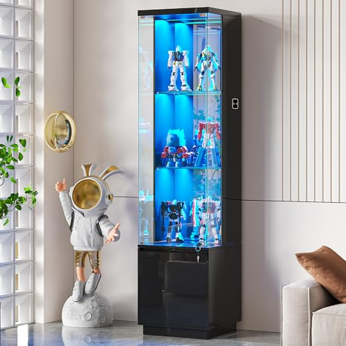Lockable Curio Display Cabinet with Glass Door and 3 Color Lights,black | 65 Lighted Curio Cabinet 3-Tier Display Case with Human Body Sensor,Glass High Gloss Storage Cabinets