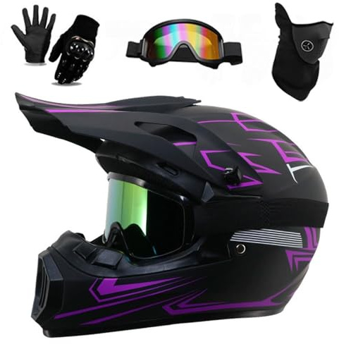 DOT Motocross-Helm für Jugendliche und Erwachsene, Motorrad-Rennsport, Straßenrad, Offroad-Mountainbike, BMX, MX, ATV-Helm mit Fahrradbrille, Handschuhen und Maske für Unisex-Erwachsene(S(52-55CM))