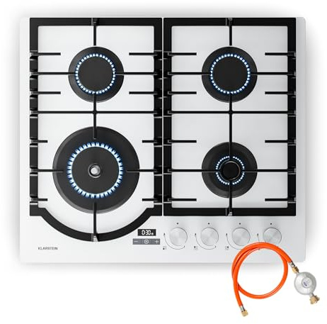 Klarstein Ignito Plaque de Cuisson Gaz, 4 Brûleurs Aluminium, 8000W, Minuterie, Sécurité Flamme, Fonte, Allumage Électrique, 60x51cm, Plaque Gaz GPL & Naturel, Blanc