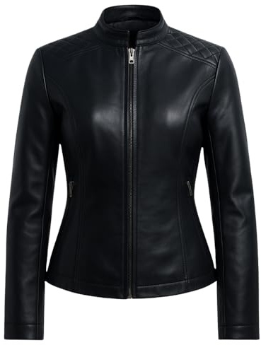 Luxhyde Women's Black Leather Quilted Biker Jacket – Slim Fit Motorcycle Real Leather Jacket for Women (UK, Alpha, XL, Regular, Regular)