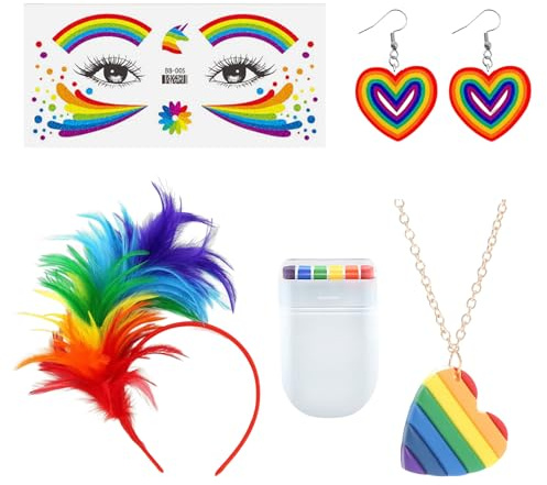 RAOPNHS 5-teiliges Regenbogen Accessoires Set – Bunter Federschmuck Haare, Ohrringe & Stirnband für Pride-Paraden, Karneval & Festivals, Regenbogen Kostüm für Damen & Herren