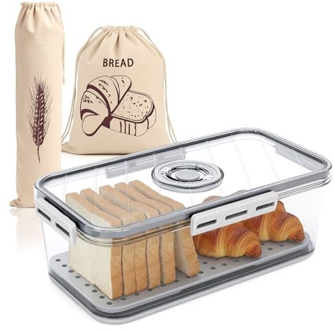 Mittimiya Kunststoff Transparent Brotkasten mit 2 Stück Leinenbeutel | 32.5x18x11cm, Versiegelt, Mit Zeitaufzeichnung, Brotaufbewahrung für Küchenarbeitsplatte