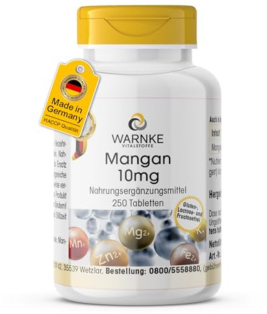 Mangan 10mg – 250 tabletter – 10mg mangan per tablett – Manganglukonat – HÖG DOS – Tysk apotekskvalitet – Vegan | Warnke Vitalstoffe