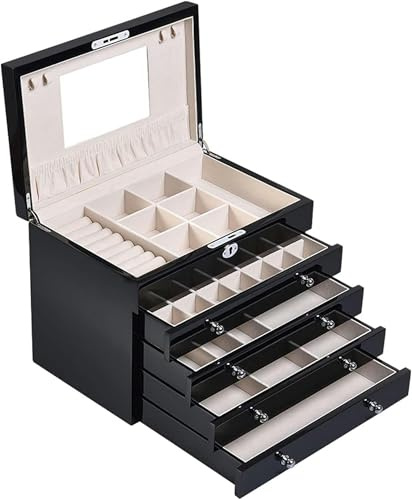 DZBERHX Boîte de Rangement Organisateur de Bijoux Grande boîte à Bijoux en Bois/Armoire/Armoire avec Serrure pour Femmes Filles Bague Collier Femme 5 Niveaux étui à Bijoux Organisateur Bijoux ~/