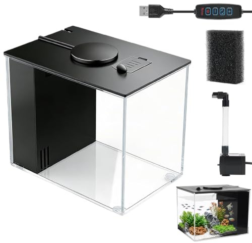 Umllpet 3,7 l akryl miniakvarium med LED, filterpump för Betta-fiskar | Komplett set för omedelbar användning, kristallklar akryl, tyst filterdrift, kompakt nanodesign, perfekt för skrivbord