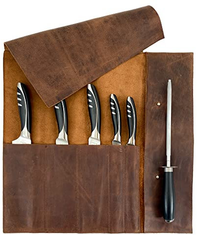Hide & Drink Rustic Leather Knife Roll (5 pockets) Handmade Bourbon Brown