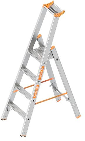 Layher 1064004 Stufenstehleiter einseitig begehbar Topic mit 4 Breiten Stufen, Aluminiumleiter klappbar mit Podest, Länge 1.70 m
