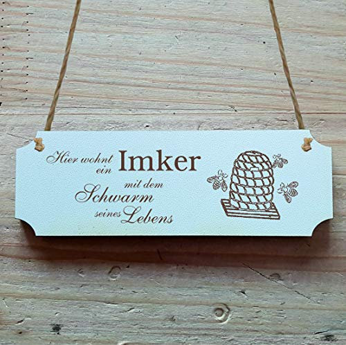 Schild « HIER WOHNT EIN IMKER MIT DEM SCHWARM SEINES LEBENS » 29 x 9,7 cm - Mit Motiv - Dekoschild Holzschild Türschild Honig Biene