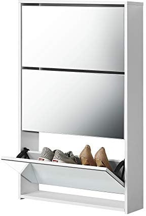 [en.casa] Schuhschrank Lund Schuhkipper mit 3 Klappen verspiegelt Schuhkommode für 9 Paar Schuhe 103 x 63 x 17 cm Weiß