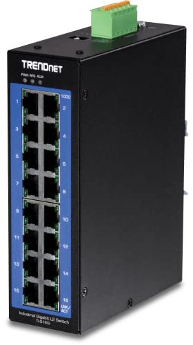 TRENDnet, TI-G160I, Switch industriale Gigabit L2 gestito su guida DIN a 16 porte, switch Layer 2, porte 16 Gigabit, capacità di switching da 32 Gbit/s, switch Gigabit a temperature estreme