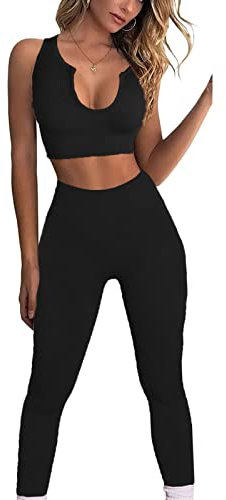 JN JANPRINT Damen 2-Stücke Fitness-Outfit Sets,Yoga Anzug Nahtlose Crop Top hoher Taille Leggings, Gerippte Sport-BH Sportswear Set(Schwarz,M)