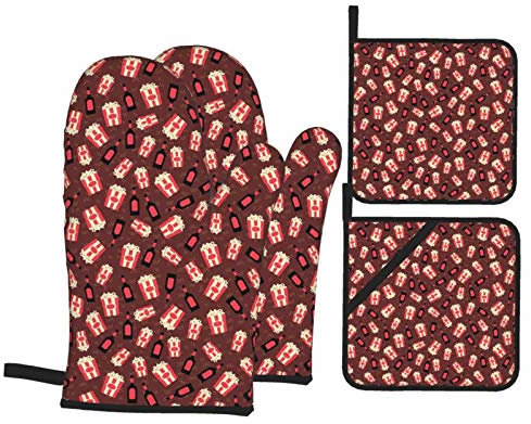 Juego de Manoplas para Horno de Palomitas de maíz y Caramelo y 2 Soportes para ollas, Forro de algodón Suave con Superficie Antideslizante, Guantes de Cocina para microondas