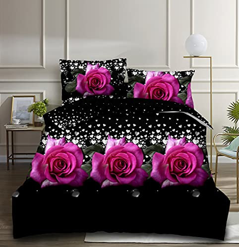 THL 4 Pcs Complete Bedding Set 3D Design Floral Printed Duvet Cover with Fitted Sheet Pillowcases (Pink Rose and Heart 357, Super King)