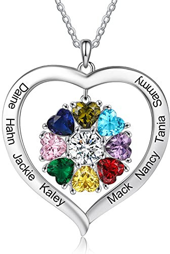 ALBERTBAND Personalisierte 1-8 Geburtssteine Halskette Silber 925 Halskette Damen Herz Anhänger mit Namensgravur Mutter Tochter Kette Geschenk zum Muttertag Valentinstag Weihnachten (8 names)