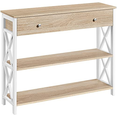 Yaheetech Oak Console Table, Narrow Hallway Table with Drawer and 2 Storage Shelves, Versatile Entryway Table for Living Room Entrance and Corridor, Sturdy and Easy Assembly, 100x29.5x80.5cm