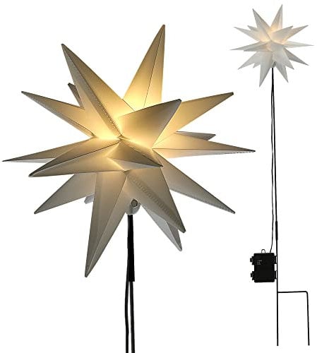 Leuchtstern LED Gartenstecker faltbar | Ø25cmxH90cm weiß Kunststoff | Weihnachststern beleuchtet Timerfunktion in verschiedenen Farben inkl. Leuchtmittel (weiß Gartenstecker)