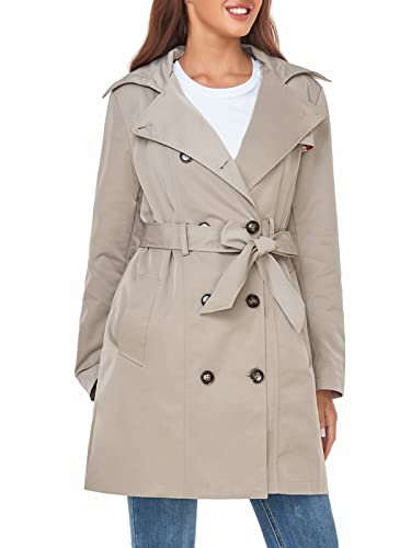 SaphiRose Damen Trenchcoat Wasserabweisend Zweireihig Lang Pfau mit abnehmbarer Kapuze, Khaki, XL