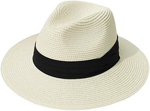 Lanzom Chapeau Fedora à large bord en paille enroulable pour femme UPF50+, Ceinture 002 plis Beige, Taille unique