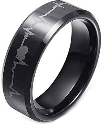 KnSam Verlobungsring Herren 8MM, Wolfram Partnerring Herzschlag für Männer, Schwarz, Gr.52 (16.6)