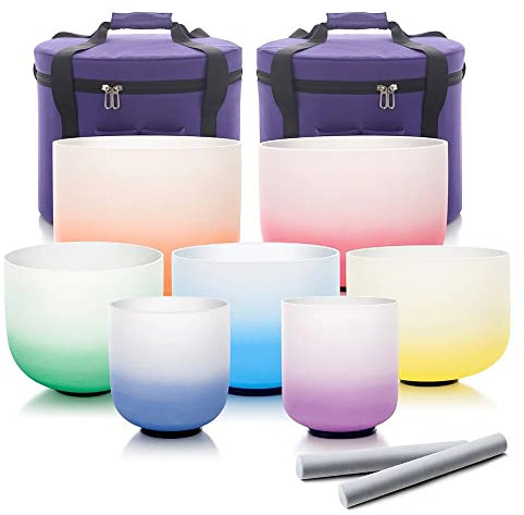 6-12 Pouces 7pcs Ensemble De Bols Chantants En Cristal De Quartz Givré Arc-en-ciel, For Le Yoga, La Guérison Du Son, Le Nettoyage Des Cristaux, La Méditation, Avec Percuteur En Daim (Size : 440Hz)