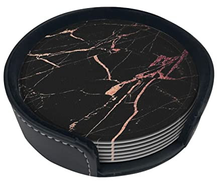 Round Coasters, Black Rose Gold Marble,Mugs Pad Cups Mat Set of 6 Leather Drinks Coasters with Holder