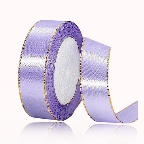 Geschenkband Hellviolett 20mm Breit, 23 Meters Goldränder Satinband Helles Lila Geschenkbänder Stoff Schleifenband Dekoband zum Geschenkverpackung, Bastelarbeiten, Geburtstag und Hochzeitsdekoration
