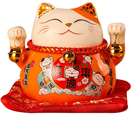 Jenngaoo Keramik Glückskatze, 11,4 cm Winkende Glückskatzenstatue Glückskatzenfigur Winkende Katze Kunstvoll Dekoriert, um Reichtum Anzuziehen, Geschäftseröffnung (Orange)