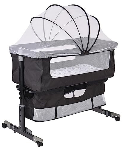 homewell Beistellbett Baby, 2 in 1 Babybett und Babywiege, Kinderbett mit Rollen, Moskitonetz, Lagerungstasche und Matratze, Höhenverstellbar Struktur aus Aluminiumlegierung (Modell 3 Schwarz)