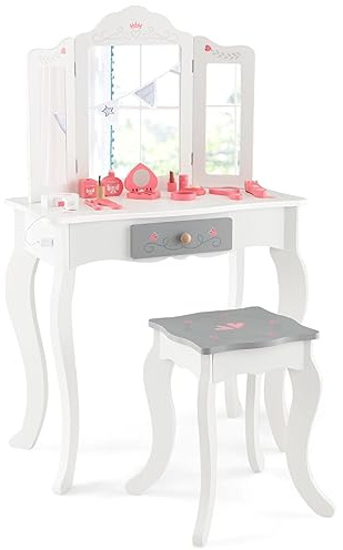 Maxmass Kids Vanity Table and Stool, 2-in-1 Wooden Dressing Table Set with Tri-folding Mirror & Drawer, Girls Makeup Dresser Desk for Children(White,with Accessories)