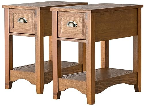 GYMAX Nachttisch, schmaler Beistelltisch, Sofatisch mit Schublade & offenem Regal, Nachtkommode für Wohnzimmer & Schlafzimmer, 33 x 56 x 58,5 cm (2, Braun)