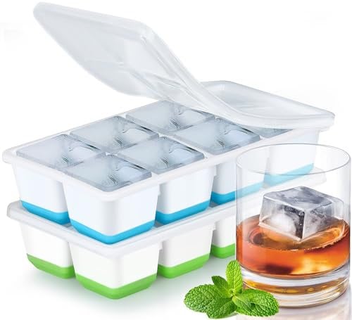 Grand Bac a Glacon, JRISBO 2 Pack Bac à Glaçons en Silicone avec Couvercle pour Boissons, Whisky et Nourriture Bébé, Moule a Glacon Empilable Reutilisable Sûr, Faciles à Retirer (Vert + Bleu)