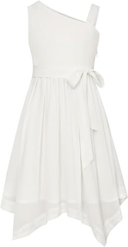 GRACE KARIN Mädchen Pailletten A Linien Kleid Kinder Ärmelloses Eine-Schulter Partykleid Weiß 8 Jahre
