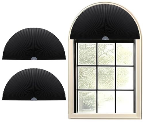 Gyrategirl Arch Window Shades Half Circle, 2PCS Pleated Semi Circle Half Moon Arched Window Shade Light Filtering Easy to Cut Self Adhesive Window Blinds Half Circle Window Covering for Living Room