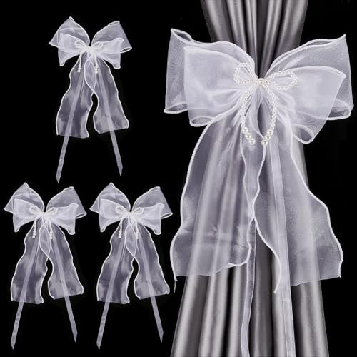 FINGERINSPIRE 4 Stück Vorhang Raffhalter Mit Schleife 50.5x23.6 cm Weiße Schleife Perlen Vorhangbänder Mit Nadel Schleife Vorhanghalterschnalle Spitze Schleife Vorhangbänder Für Dekoration