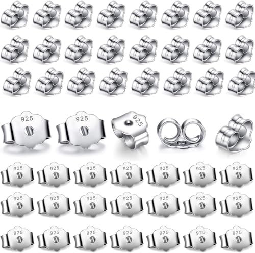 BLPRKOT 50 Piezas Tuercas de Pendientes Plata de Ley 925 Cierres Tapón Cierres de pendientes de vástago,Plata Topes para Pendientes Oído Tuercas (plata
