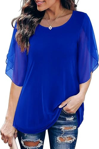 Timuspo Damen Halbärmel Chiffon Bluse Hemd Sommer Rundkragen Double Layers Fließendes Tunika-Top