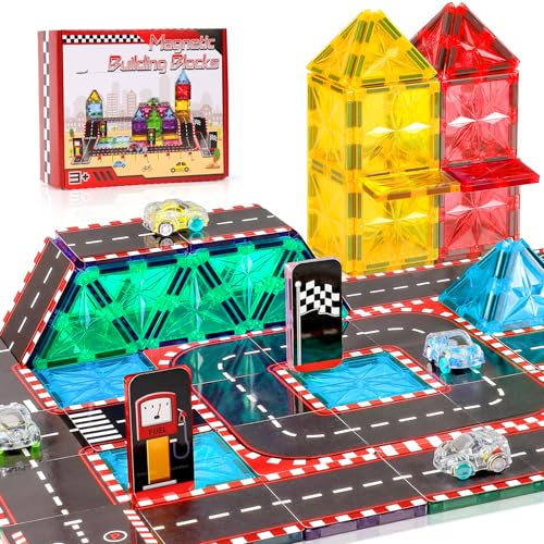 COOLJOYA Magnetic Tiles Building Blocks, 65PCS Magnetic City Road Toppers Set for Kids, Montessori Construction Toys for 3-8+ Year Old Girls & Boys Gift