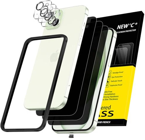 NEW'C Kit de 6, 3 x Verre Trempé Anti-Espion pour iPhone 15 Plus (6,7) et 3 x Protection Caméra Arrière +Bouchon Anti-Poussière-Kit Outil d'Installation Facile-Angle de Confidentialité à 28°
