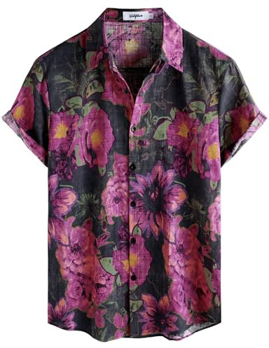 VATPAVE Herren Hawaii Hemd Männer Kurzarm Sommer Freizeithemd Casual Strand Blumen Hawaiihemd XX-Large Schwarz Rosa