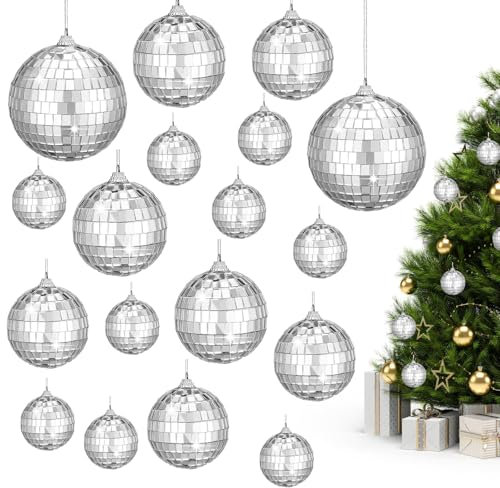 Topzora 20 Stück Discokugeln – 4 Größen Mini Discokugel Deko (mit Hängering) für Weihnachtsbaum Hochzeit Geburtstagsfeier Dekoration Lichteffekt(2.4 Inch, 2 Inch, 1.6 Inch, 1.2 Inch)