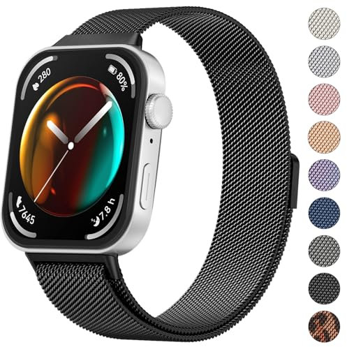 Amzpas Metall Armband Kompatibel mit Huawei Watch Fit 3 Armbänder Damen Herren, Edelstahl Ersatzarmband, Starkem Magnetverschluss Loop Uhrenarmband für HUAWEI Watch FIT 3, Schwarz