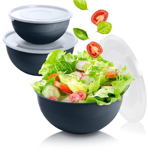 EDANTI Salatschüssel Set groß mit Deckel 3 Schalen 2-5L Kunststoff Schüsselset Servierschalen ideal zum Mischen und Servieren Schale (Dunkelgrau)